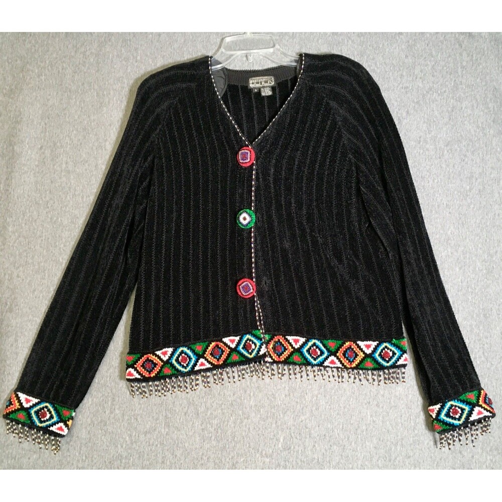 Vintage Berek Cardigan Sweater Beaded Fringe Black MultiColor Chenille Sz Large